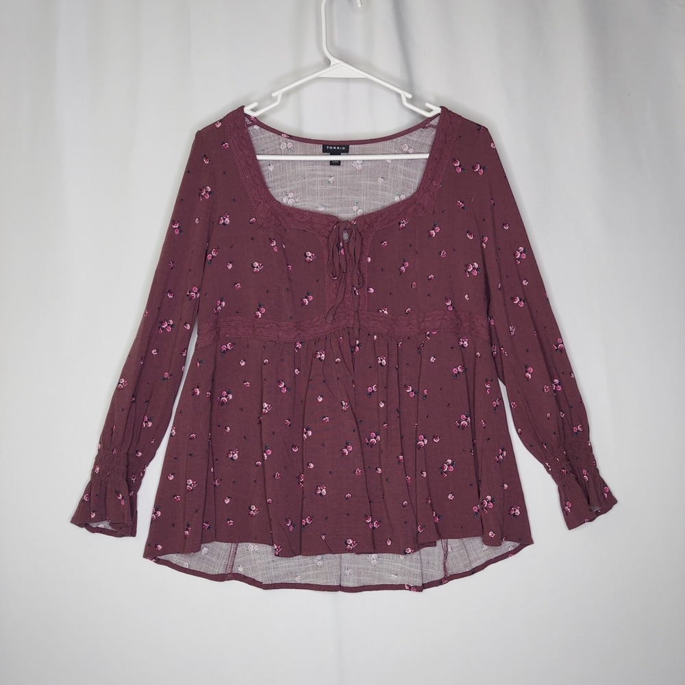 Torrid Peasant Top Women 00 Purple Floral Square Neck Bishop Cottagecore